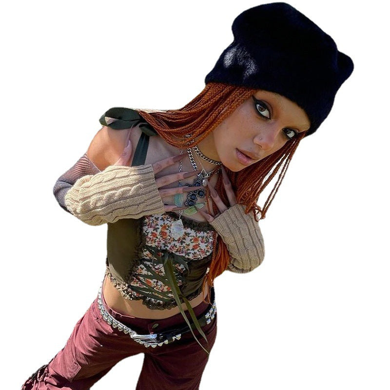 Women's Vintage Print Contrast Slim Fit Lace-Up Tank Top