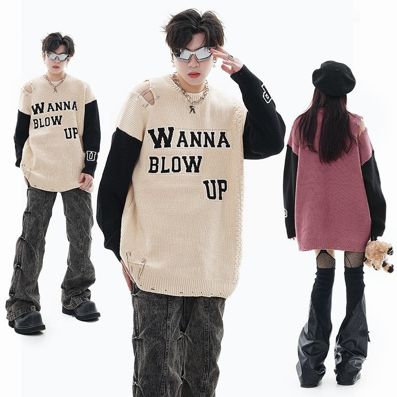 Ripped Pin Embroidered Letter Jacquard Knitted Sweater