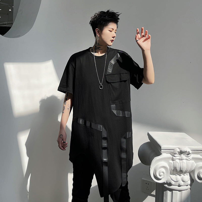 Dark Mid-length Asymmetrical Hem Short-sleeved T-shirt