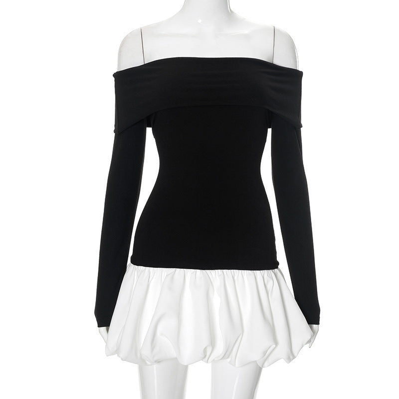 Off-shoulder Long Sleeve Stitching Dress
