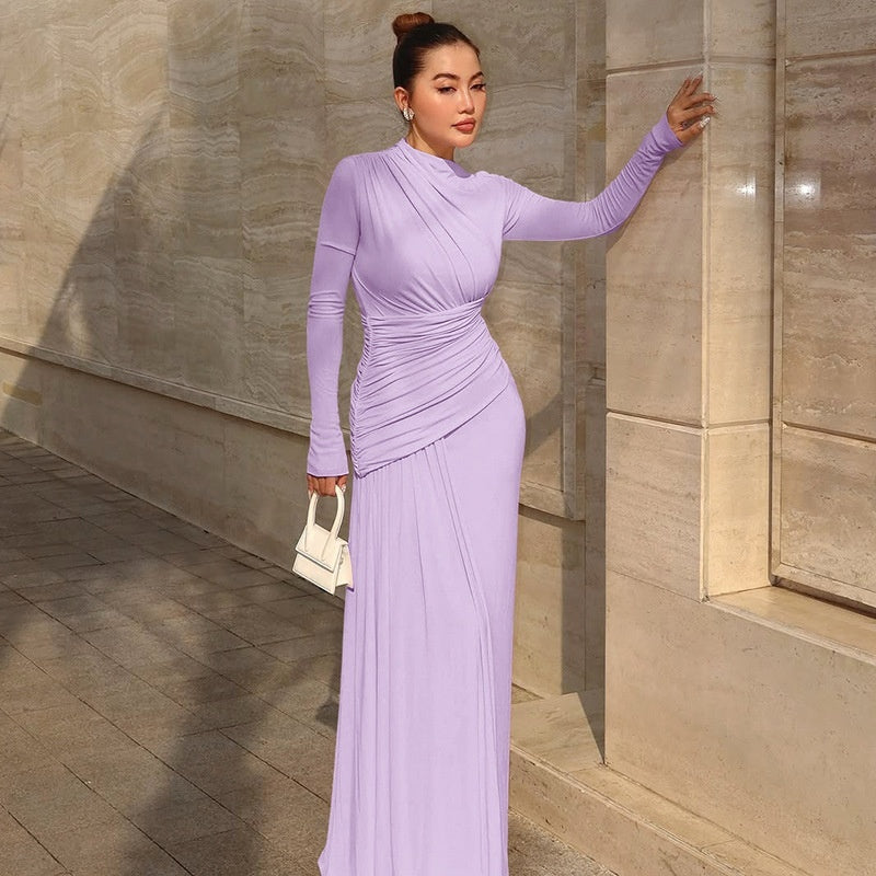 Elegant Slim Pleated Zipper Round-neck Long-sleeved Dress