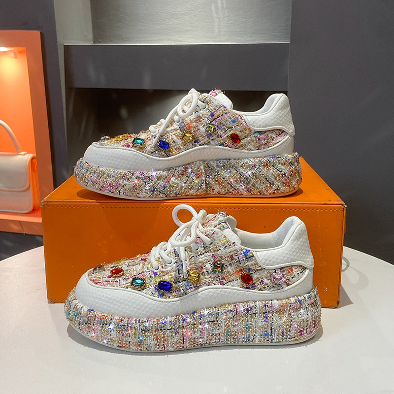 Fashion Platform Loafers, Colorful Tweed Slip-on Shoes With Gemstones, Casual And Comfortable Flat Shoes