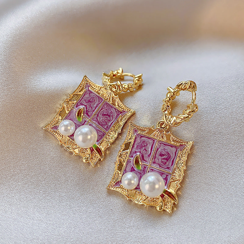 Garden Purple Oil Painting Style Baroque Pearl Earrings Retro