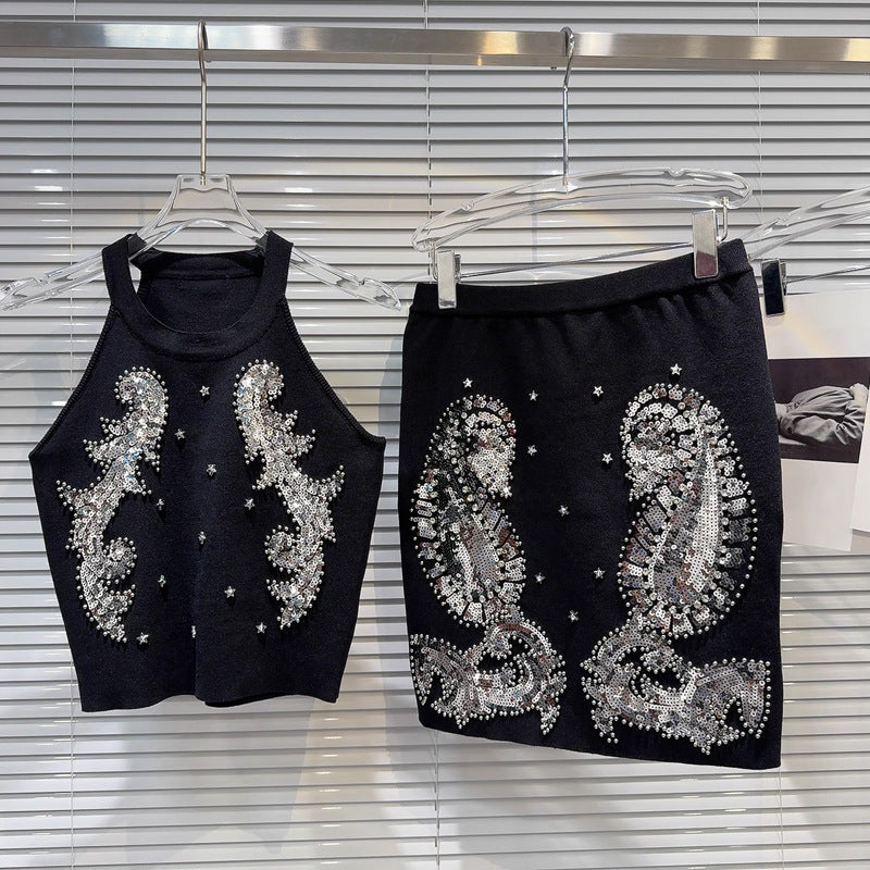 Niche Gaoding Silver Paillette Embroidered Knitted Vest Hip Skirt Suit