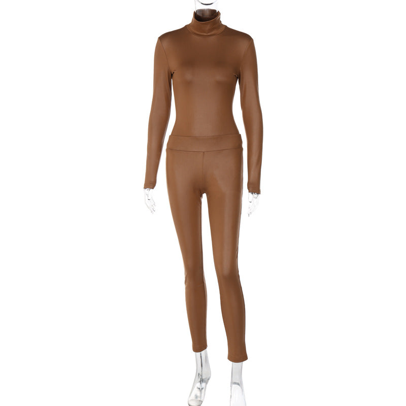 Street-style Shaping Stand-up Collar Long-sleeved Slim Pants Suit