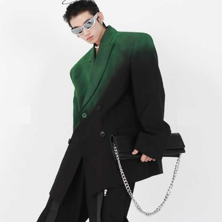 Veste de costume Niche noire verte dégradée, rembourrée, profil d'épaule, ample, design avancé, neutre