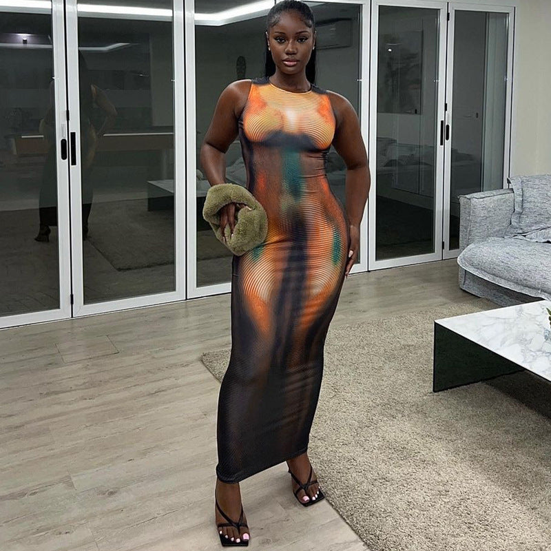 Summer New Fashion Printed Slim Round Neck Sleeveless Dress