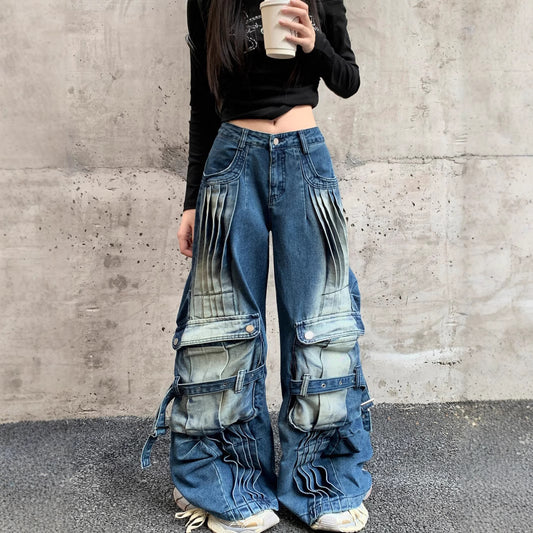 Jean cargo délavé, coupe droite et ample, style déstructuré, pour femme