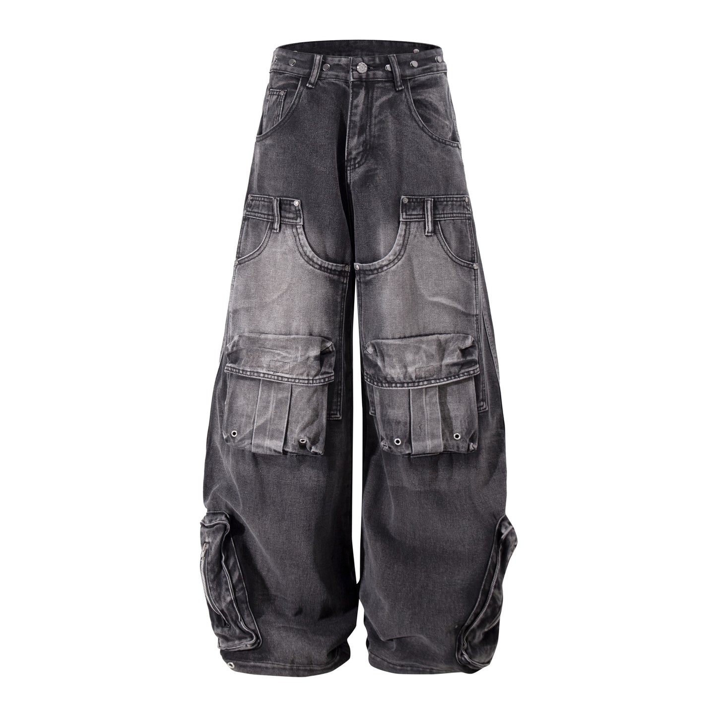 Retro Washed Distressed Multi-pocket Cargo Pants Loose Wide Leg Jeans