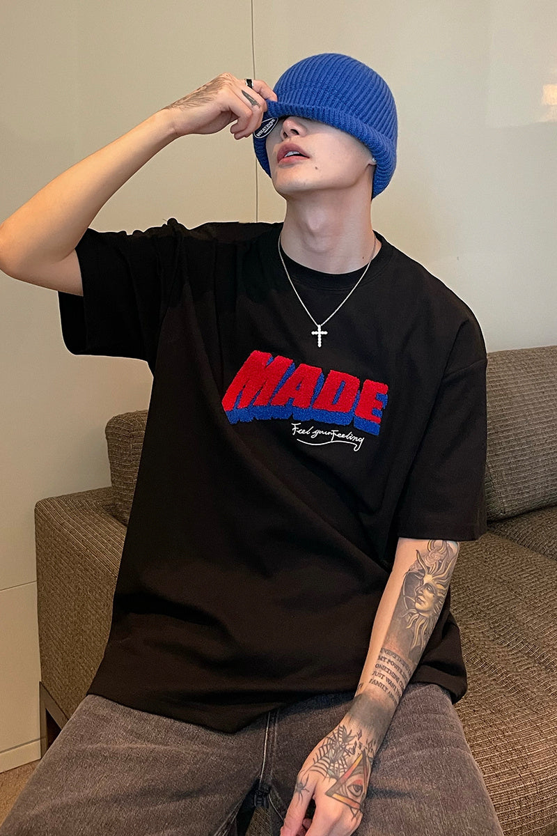 Flocked Lettering Loose Casual Round Neck Short Sleeve T-Shirt