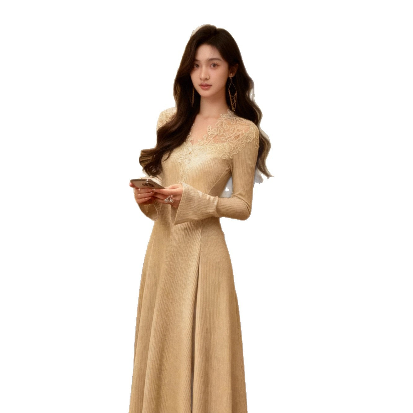 Womens Fashion Lace-Trim Knitted Long-Sleeve Dress