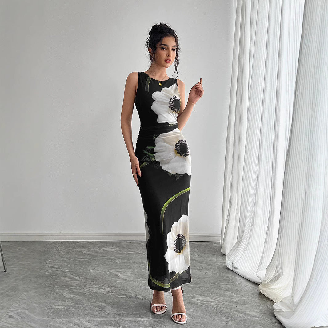 Robe longue sans manches à imprimé floral en maille noire