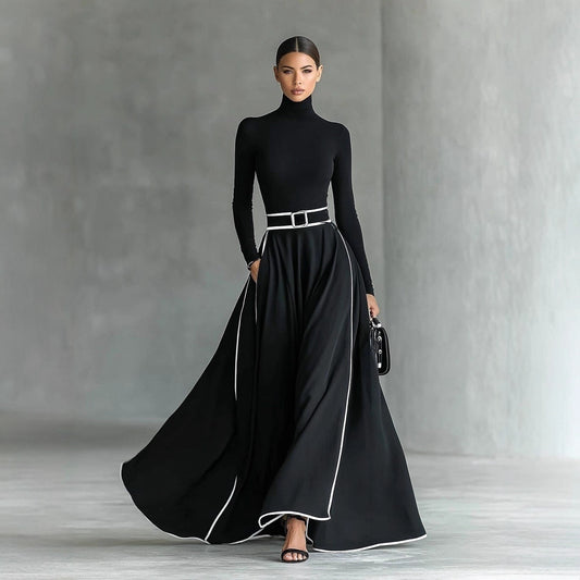 Womens High-neck Long-sleeve Form-fitting Dress With A Waist Belt