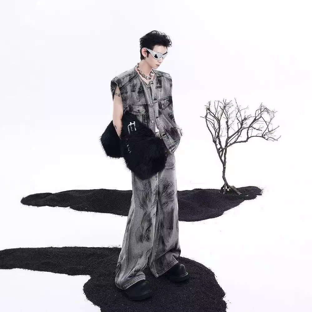 Manteau en jean sans manches à épaules rembourrées et motif graffiti de rue américain