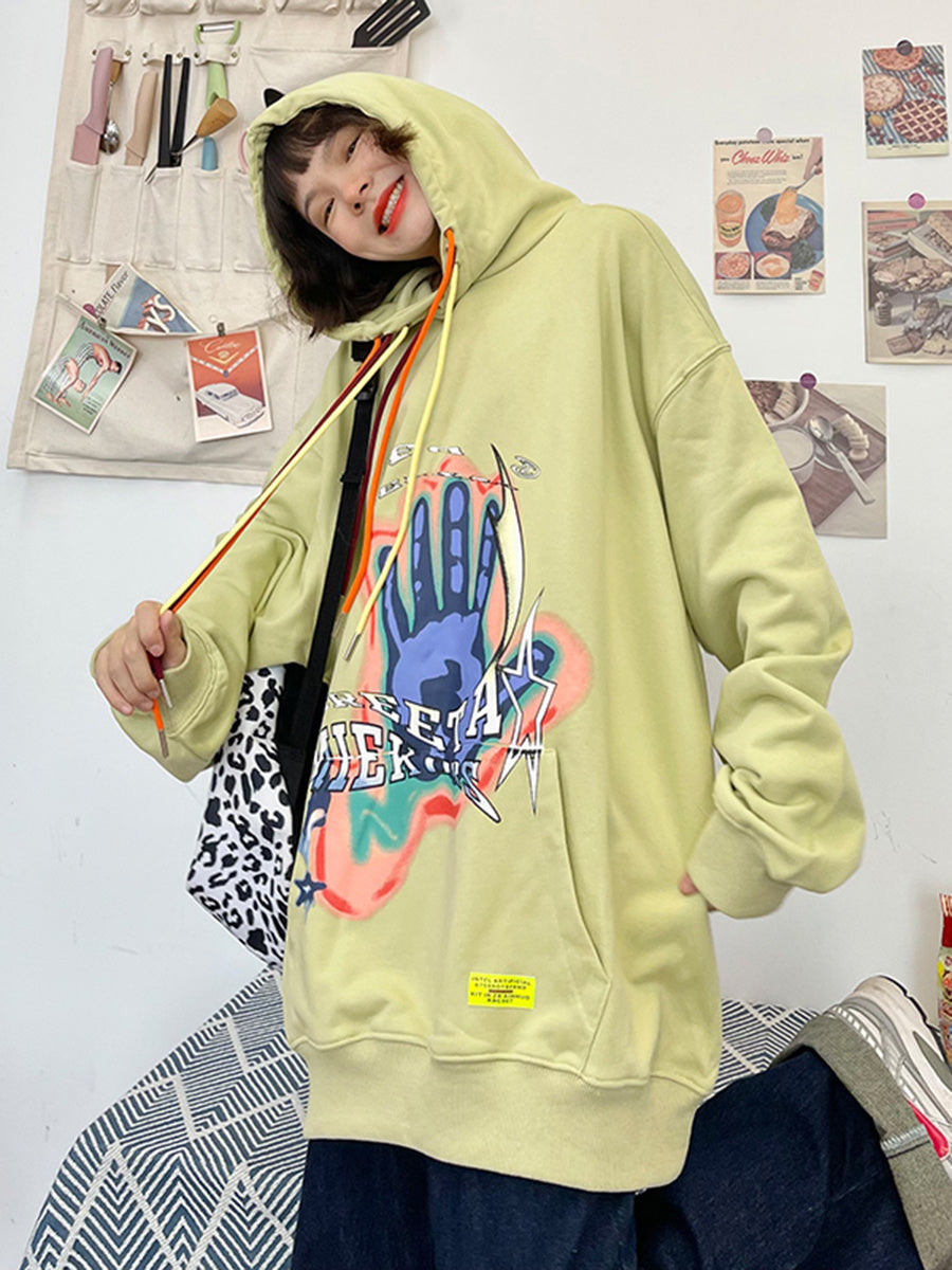 Loose Bf Street Vintage Palm Print Hoodie