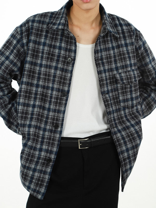 Fine Check Wool Padded Shirt Jacket Straight Fit