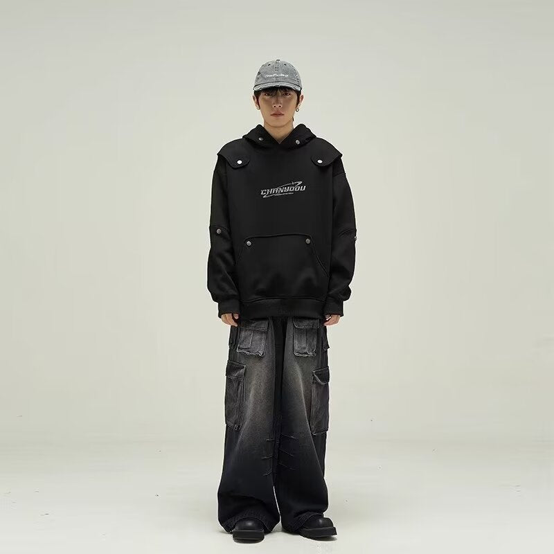 Loose Deconstruction Design Sense Hooded Fleece Lined Sweater Men