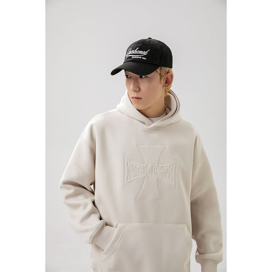 Maglione largo con cappuccio e ricamo a croce