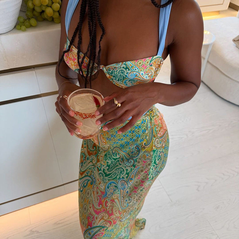 Women's Printing Color Contrast Lace-up Three-piece Set