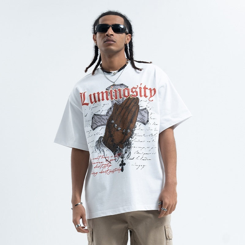 T-shirt ample à manches courtes et imprimé croix vintage pour homme