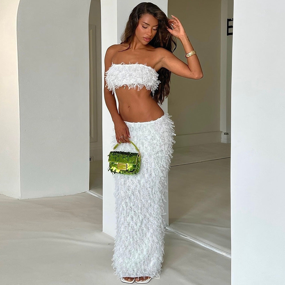 Ensemble jupe-robe transparent européen et américain en maille dos nu avec enveloppement de poitrine