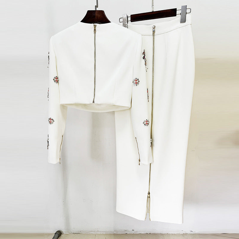 Fashion New Heavy Industry Beads Diamond Inlaid Short Top Long Skirt Suit Two-piece Set