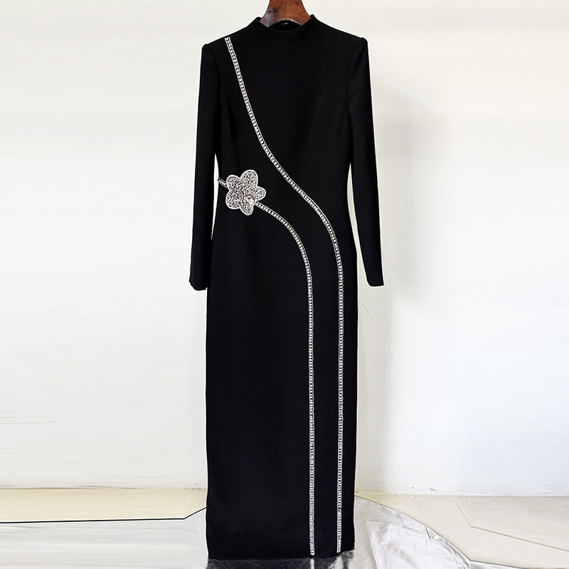 Long Sleeve Socialite Temperament Beads Rhinestones Dress