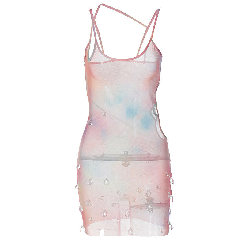 Spring New Sheer Mesh Side Hollow Jeweled Sling High Waist Dress Women