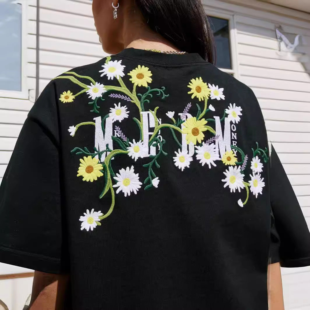 Summer Flower Embroidered Short-sleeved T-shirt