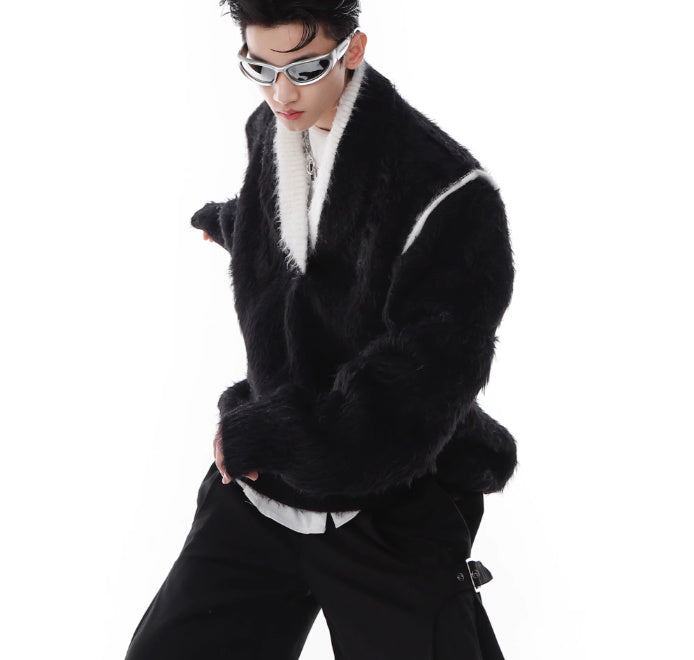 V-neck Anti-mink Plush Sweater Loose Thick Sweater Contrast Color Design Knitted Top