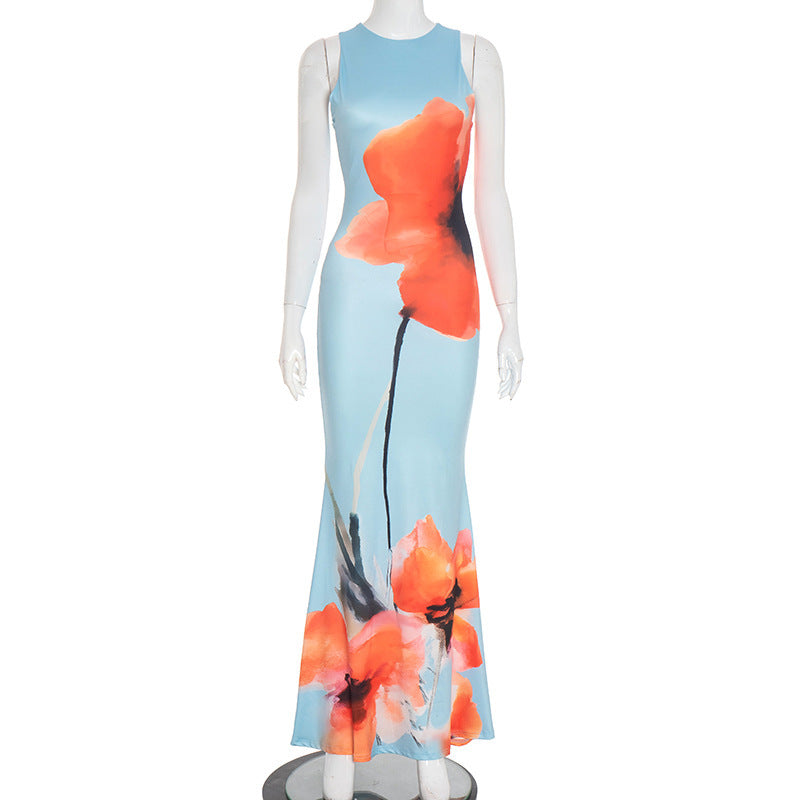 Elegant Floral Print Round Neck Sleeveless Slim Fishtail Long Dress