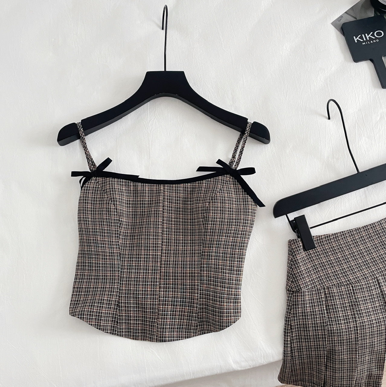 Bow Plaid Contrast Color Slim Fit Slip Dress Suit