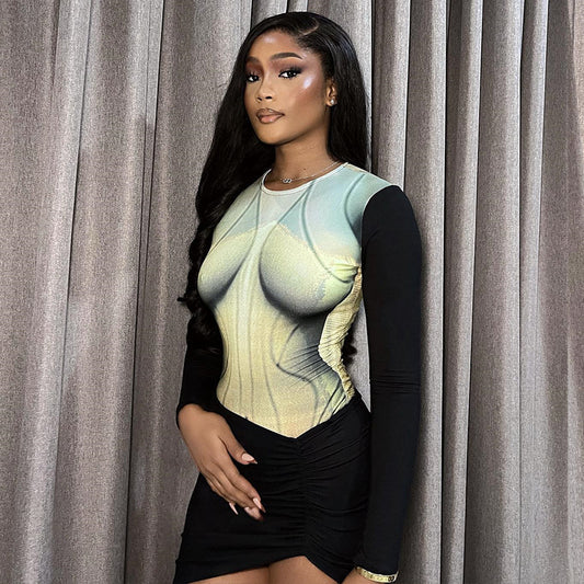 Robe moulante à col rond, couleur assortie, imprimée, manches longues, jupe pull plissée