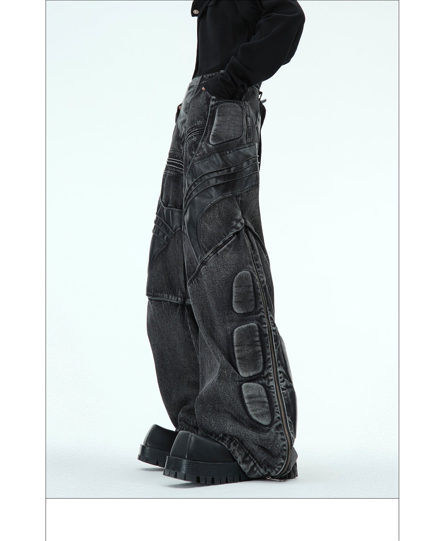 Jean Armor noir délavé et déstructuré, pantalon avec coutures en cuir PU