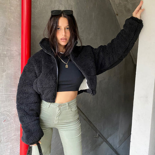 Solid Color Plush Padded Zipper Short Coat