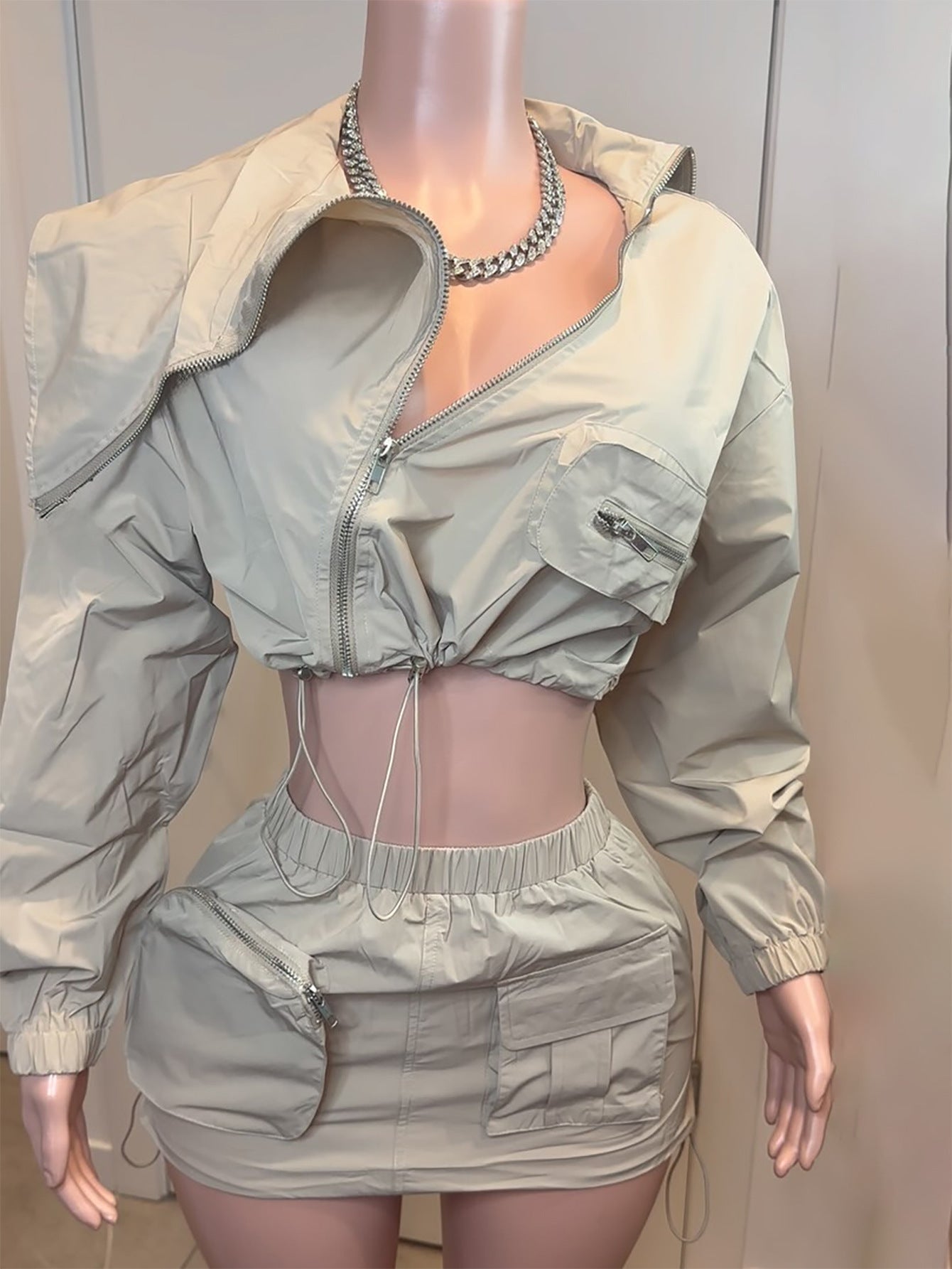 Veste de travail moulante unie à fermeture éclair, coupe sexy, manches longues, jupe taille basse