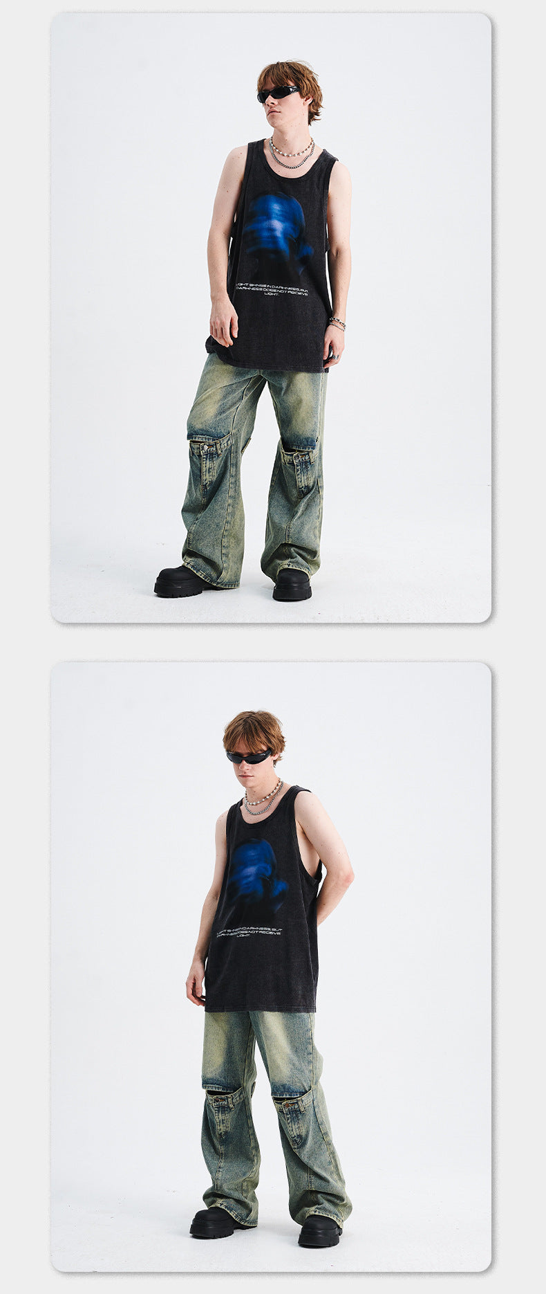 Gilet délavé à imprimé vintage pour homme, aspect usé et flou