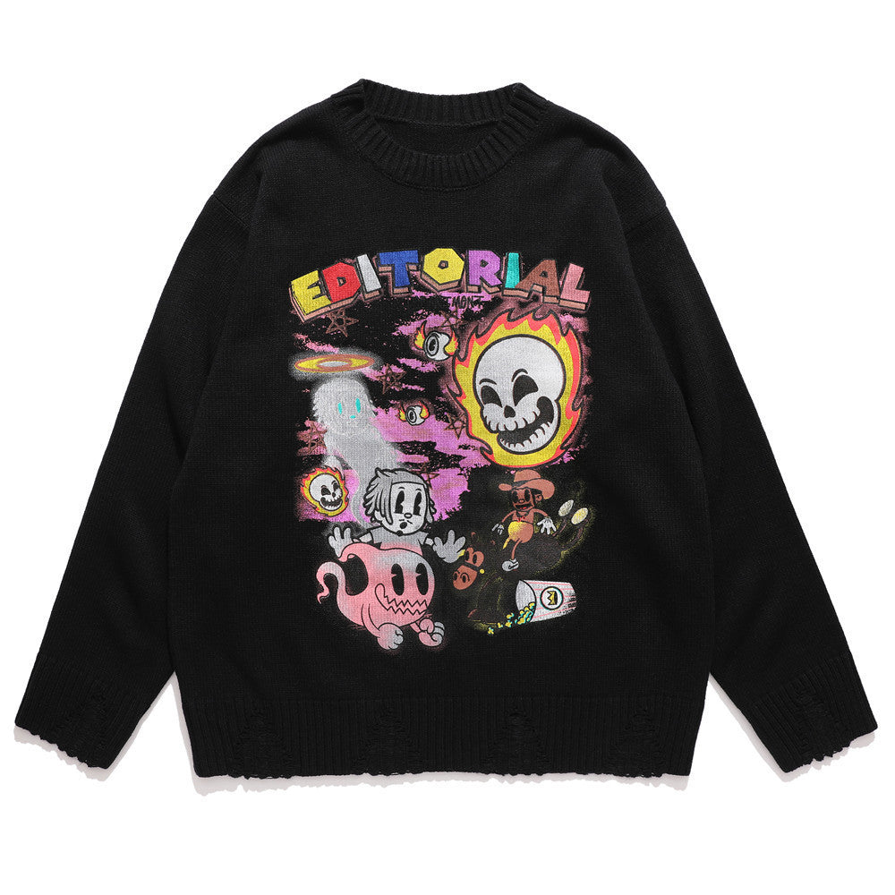 Cartoon Graffiti Printed Sweater Men's Loose Round Neck Sweater