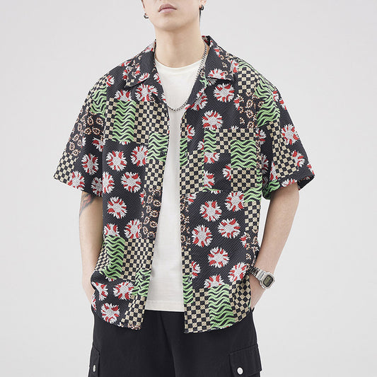 Retro Hawaiian Style Seersucker Short Sleeve Shirt Men