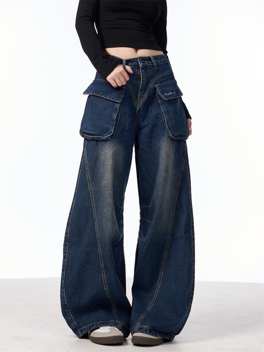 Wide-leg Jeans With Pockets High Waist Loose Trousers