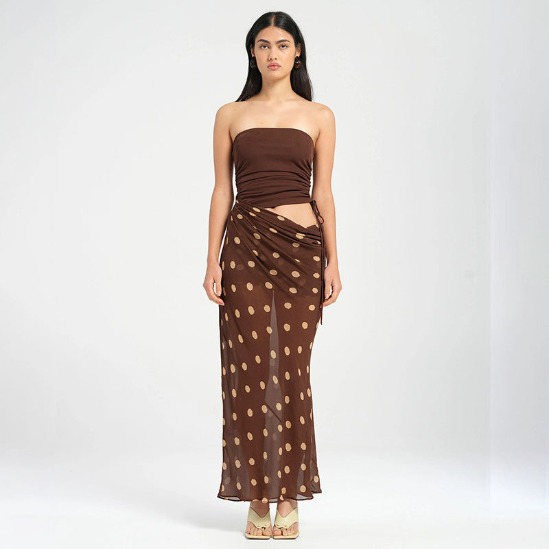 Style Tube Top Hollow-out Dot Mesh Slim-fit Jumpsuit Long Dress For Women