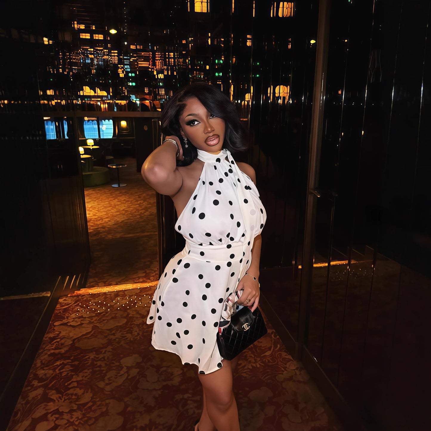 Neck-hanging Backless Polka-dot Printed Waist-cinching Short Dress