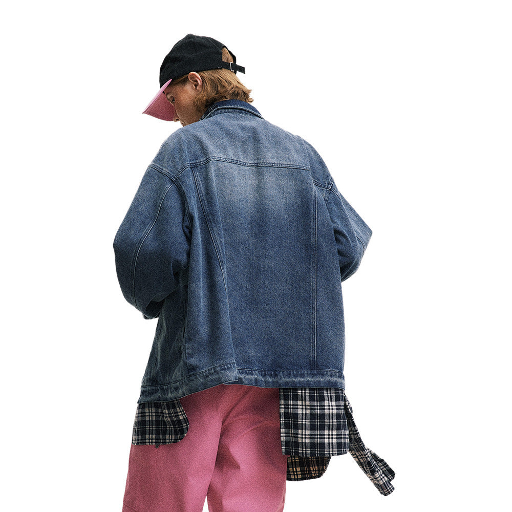 Giacca in denim a due pezzi con cuciture irregolari a quadri