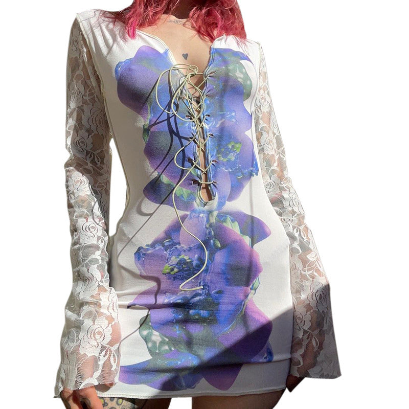 Long-sleeved Printed Lace-up Mesh High-waisted Dress