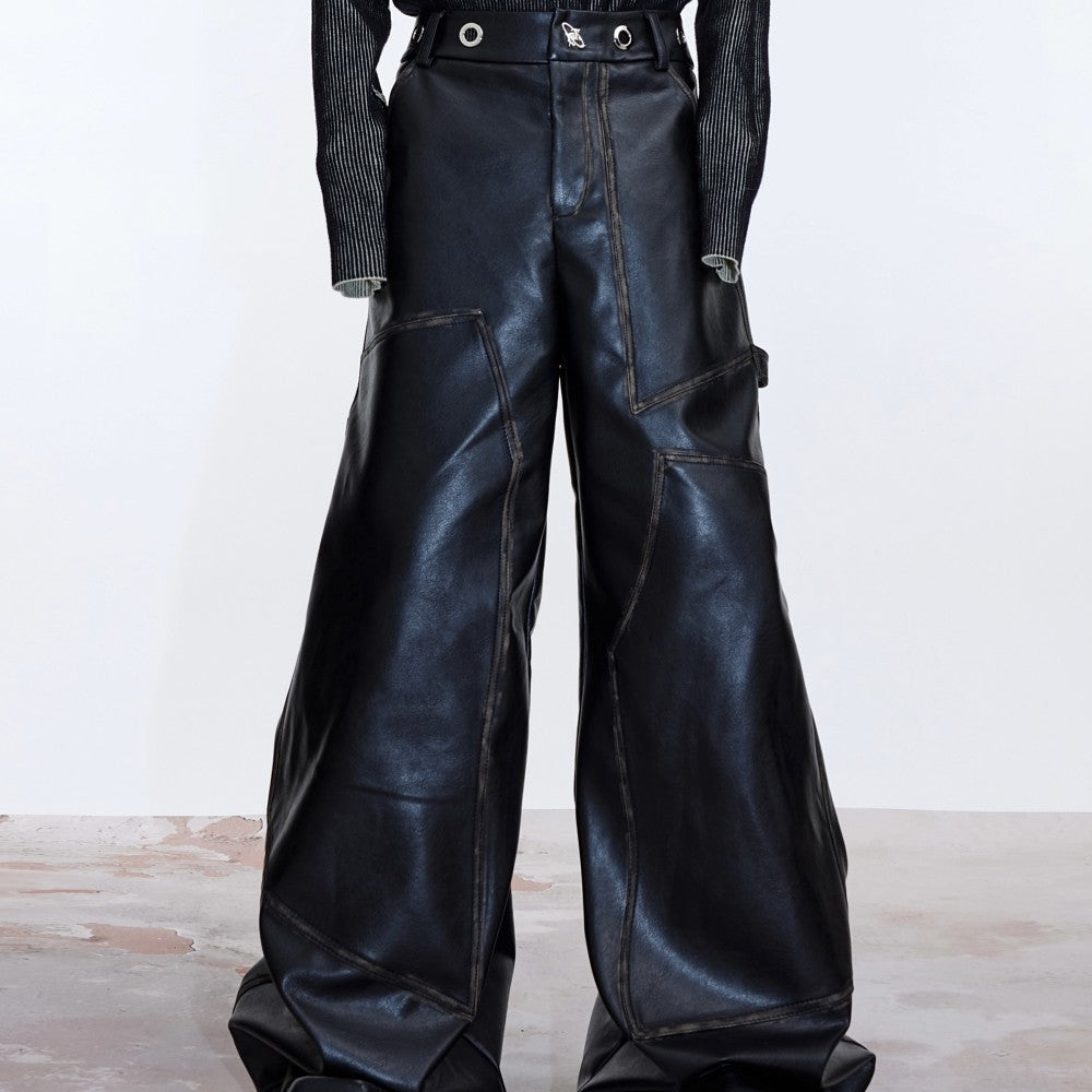 Pantalon rétro en cuir PU mat vieilli