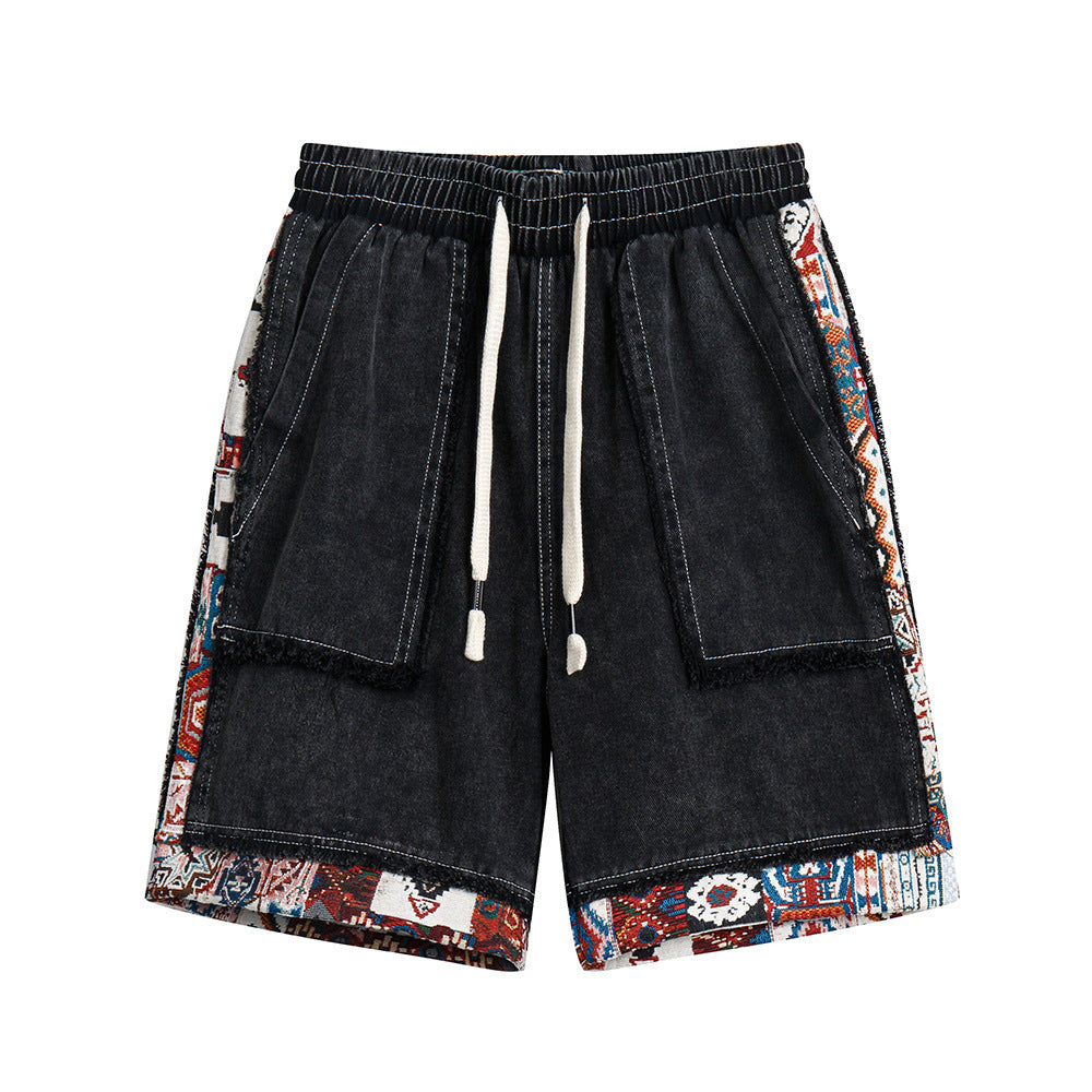 Short en jean à bords bruts et patchwork de couleurs contrastées