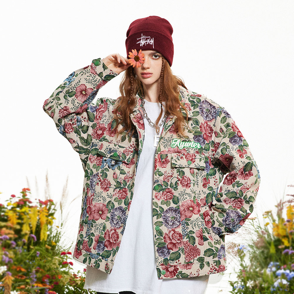 Veste ample à imprimé floral teint en fil, style rétro américain