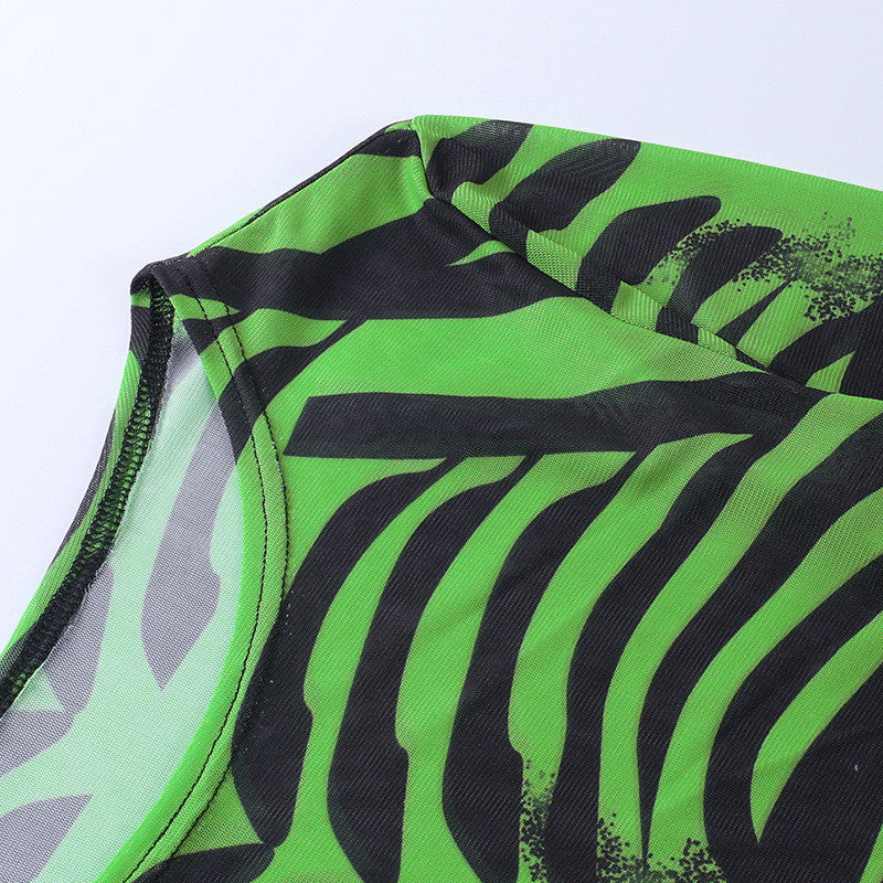 Sexy Mesh See-through Dress Printed Long-sleeved Midi Dress