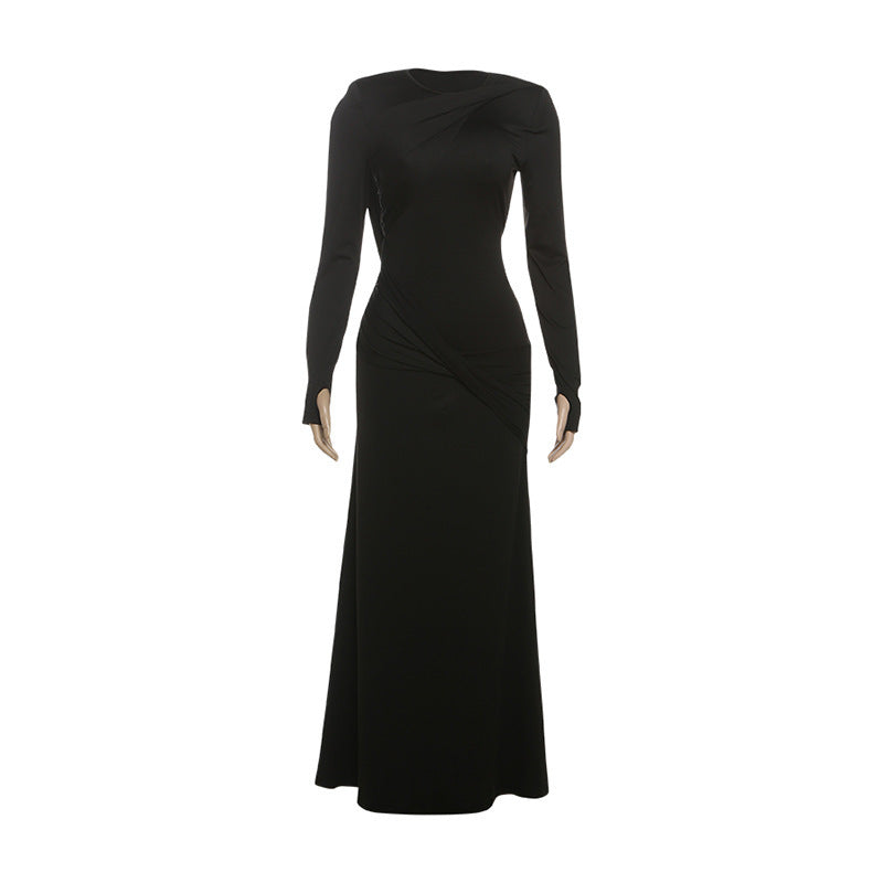 Polyester Slim Fit Backless Long Sleeve Solid Color Dress