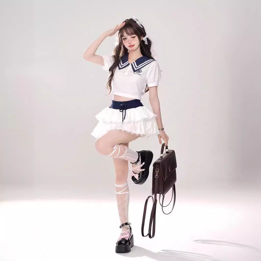 Sweet Sailor Suit Suit Women's White Slimming Top Skirt